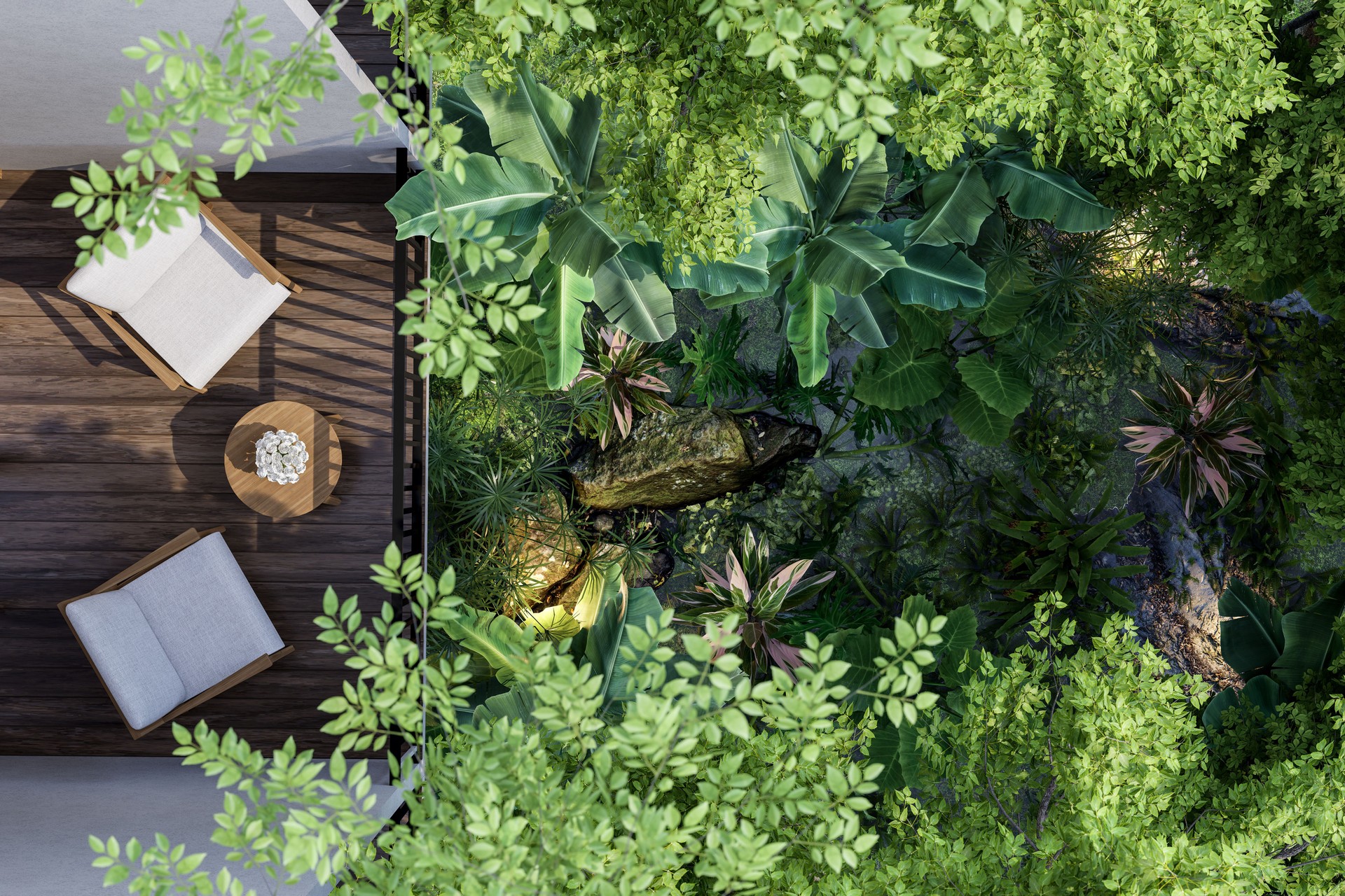 Top view of modern contemporary style wooden terrace 3d render